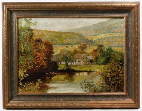 William E Smith (American, 19th Century) Oil on Canvas: William E Smith (American, 19th Century) Oil on Canvas Undated, signed lower right, depicting a farmhouse within an autumn landscape setting Height: 10.00 inches, Width: 14.00 inches (stretcher) Frame