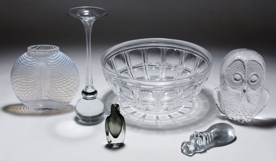 Crystal Assortment: Crystal Assortment Six items including a Kosta Boda white striped vase, an Orrefors perfume bottle, a Ricolee serving bowl, an unmarked trumpet vase, a Kosta Boda hippopotamus paperweight and Viking o