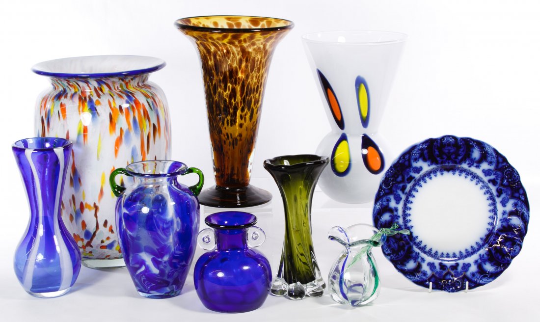 Art Glass Assortment: Art Glass Assortment Nine items including blown glass vases, blown in the mold vases and a Flow Blue ceramic plate Height: 12.00 inches, Diameter: 8.00 inches (largest) Category: Glass > Art Glass Shi