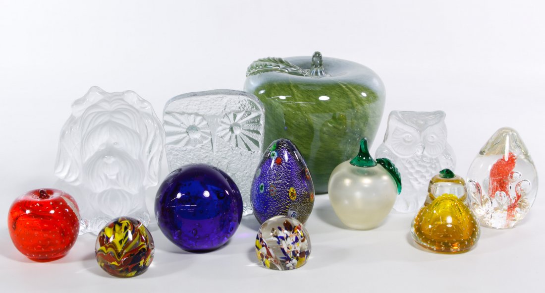Art Glass Paperweight Assortment: Art Glass Paperweight Assortment Including nine unmarked fruit and egg shaped and three DAS and Viking labeled animal shaped flat back paperweights Height: 7.00 inches (tallest) Category: Glass > Art 
