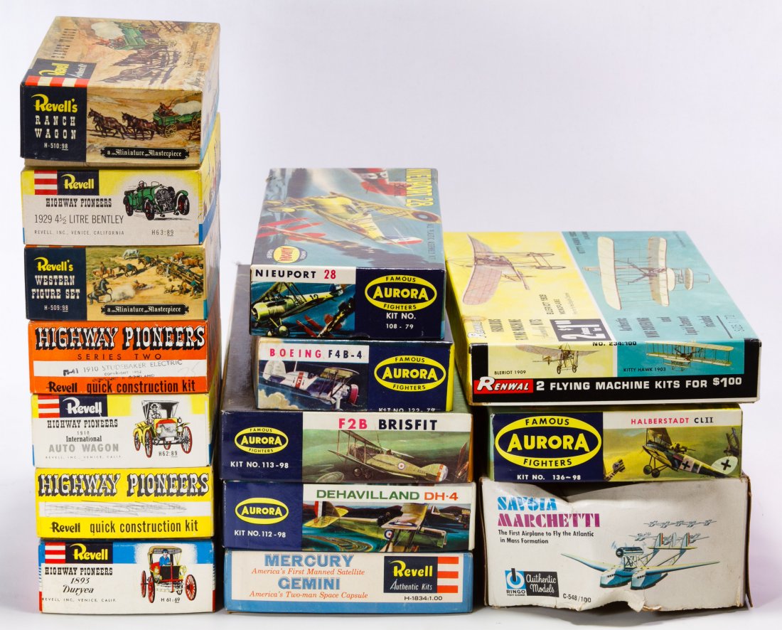 Model Kit Assortment: Model Kit Assortment Fifteen model kits of airplanes and cars with examples from Revell and Aurora Length: 13.25 inches (longest box) Category: Toys and Dolls > Modern Toys Shipping Status: Due to siz