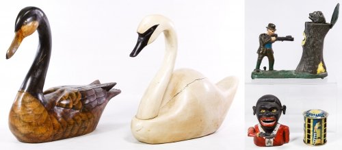 Carved Wooden Swan and Goose Decoys: Carved Wooden Swan and Goose Decoys A white swan and a brown and tan goose; together with three banks including a reproduction mechanical bank of a hunter shooting a bear and marked 'Taiwan' on the un
