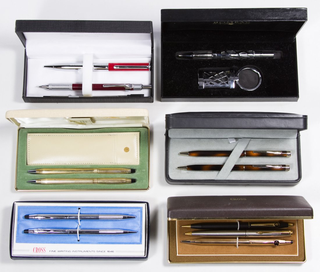 Ball Point Pen and Pencil Set Assortment: Ball Point Pen and Pencil Set Assortment Six sets including an 'E' marked gold filled pen, an 'E' marked pencil, a Cross pen and a Parker pen in a Cross box, a Cross chrome pencil in box, a Cross gold