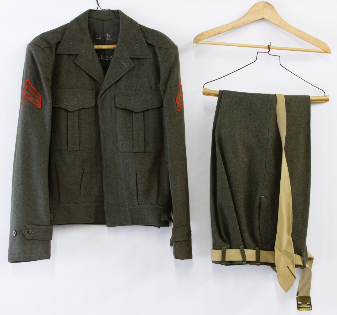 Korean War Era US Army Uniform: Korean War Era US Army Uniform Including a dark green wool jacket, matching pants, a cap with a pin, a belt and a tie Length: 26.00 inches, Width: 20.00 inches (jacket) Category: Military & Weapons > 