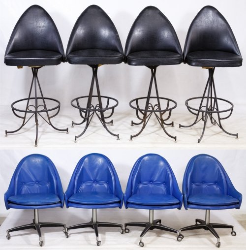 Mid-Century Modern Bar Stool and Club Chair Assortment: Mid-Century Modern Bar Stool and Club Chair Assortment Including four black faux leather and cast metal bar stools by Daystrom Furniture Inc. and four blue faux leather club chairs on castors by Cal-S