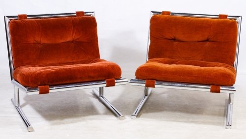 Mid-Century Modern Chrome Upholstered Chairs: Mid-Century Modern Chrome Upholstered Chairs (attributed to) Milo Baughman 1973, having a chrome frame, rust tone velour upholstery; attached paper label from Sedgefield Furniture Co. on the underside