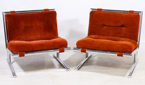 Mid-Century Modern Chrome Upholstered Chairs: Mid-Century Modern Chrome Upholstered Chairs (attributed to) Milo Baughman 1973, having a chrome frame, rust tone velour upholstery; attached paper label from Sedgefield Furniture Co. on the underside