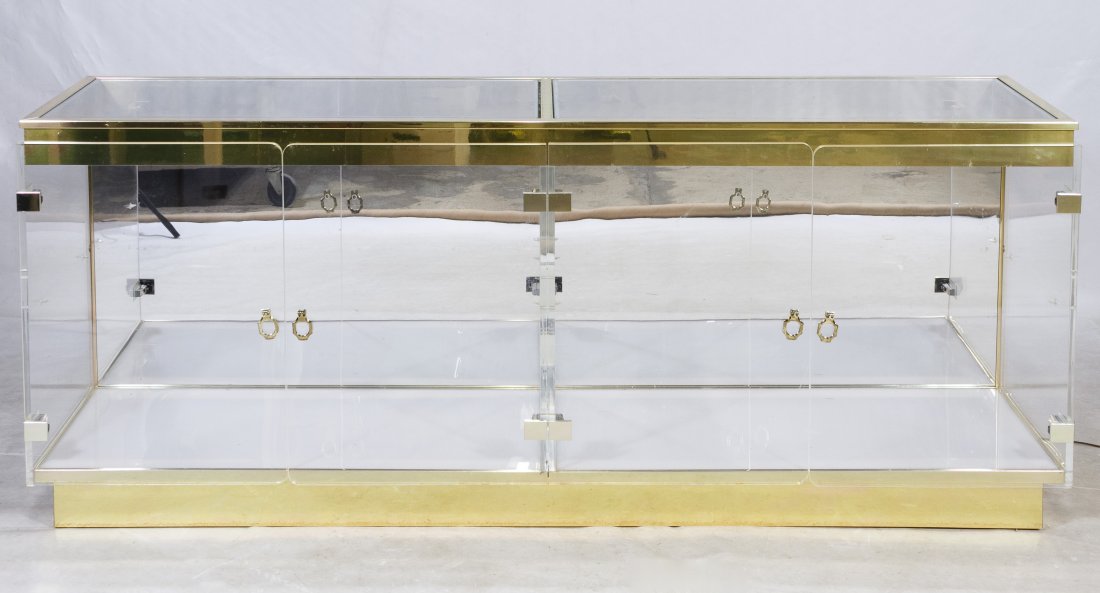 Mid-Century Modern Metal and Glass Display Case: Mid-Century Modern Metal and Glass Display Case (attributed to Mastercraft) Divided case with double plexiglass doors for each section, mirrored back and glass top and shelves with bottom light Height