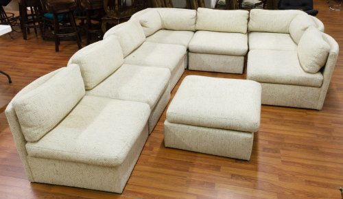 Mid-Century Modern Sectional Sofa by Milo Baughman for: Mid-Century Modern Sectional Sofa by Milo Baughman for Thayer Coggin Eight part upholstered sectional sofa including ottoman; labels on the undersides Height: 25.50 inches, Width: 210.00 inches, Depth