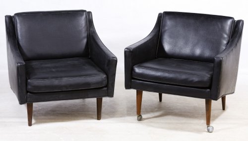 Mid-Century Modern Vinyl Arm Chairs by Milo Baughman: Mid-Century Modern Vinyl Arm Chairs by Milo Baughman for James Inc. c.1970, four chairs, front legs have wheels, attached cloth label from James Inc. under the cushion Height: 25.25 inches, Width: 25.