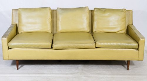 Mid-Century Modern Vinyl Sofa by Milo Baughman for: Mid-Century Modern Vinyl Sofa by Milo Baughman for Thayer Coggin Green upholstery on a couch having three seat and back cushions Height: 30.00 inches, Width: 80.00 inches, Depth: 33.00 inches Category
