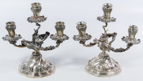 Buccellati Sterling Silver Candelabra: Buccellati Sterling Silver Candelabra Italian, raised floral motif, stamped maker mark to the undersides; both are marked sterling Height: 7.75 inches, Width: 7.50 inches Weight: 60.54 ozt. (total wei