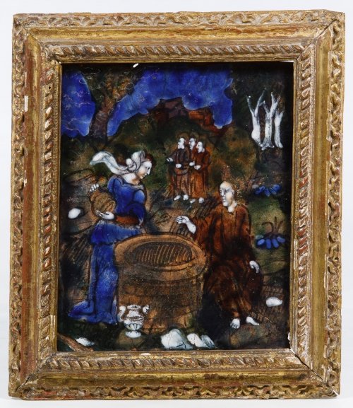 Limoges Enameled Copper Plate: Limoges Enameled Copper Plate 19th century unsigned, depicting the Biblical story of Rebecca at the well; having a 'Collection Wiegersma Utrecht' decal en verso and with antique carved wooden frame He