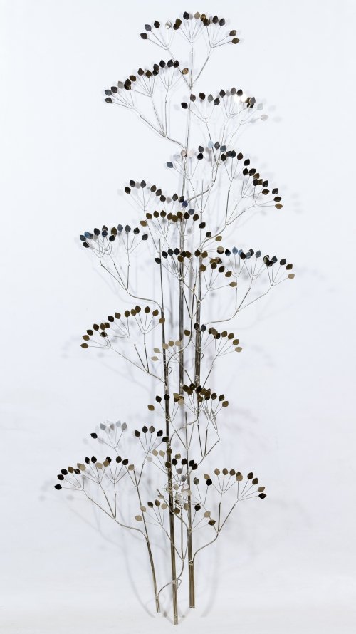 Curtis Jere (American, d. 2008) Metal Wall Hanging: Curtis Jere (American, d. 2008) Metal Wall Hanging 1977, signed lower right leaf, depicting a tree form in silver tone metal Height: 54.00 inches, Width: 20.00 inches Category: Decorative Arts > Objec