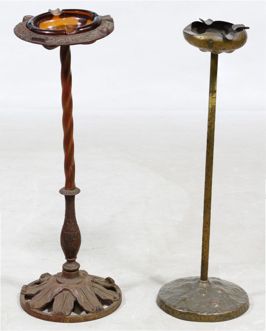 Apollo Studios Hand Hammered Copper Standing Ashtray: Apollo Studios Hand Hammered Copper Standing Ashtray c.1915 with mark on the underside; together with a Art Nouveau cast metal stand ashtray marked with a 'P' to the underside Height: 24.25 inches (ta