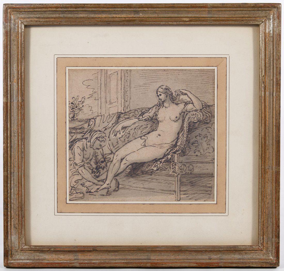 Benjamin West (American, 1738-1820) 'Woman on a Sofa': Benjamin West (American, 1738-1820) 'Woman on a Sofa' Pen and Ink on Paper c.1760, depicting a lounging nude female; Provenance: The Estate of Dr. Esther Sprague Sparks (professor of Art History) Heig