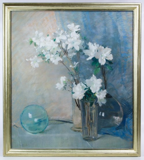 Laura Coombs Hills (American, 1859-1952) 'Floral Still: Laura Coombs Hills (American, 1859-1952) 'Floral Still Life' Pastel on Board / Paper Undated, pencil signed lower left, depicting a group of dogwood flowers in a clear vase; attached Foster Brothers l