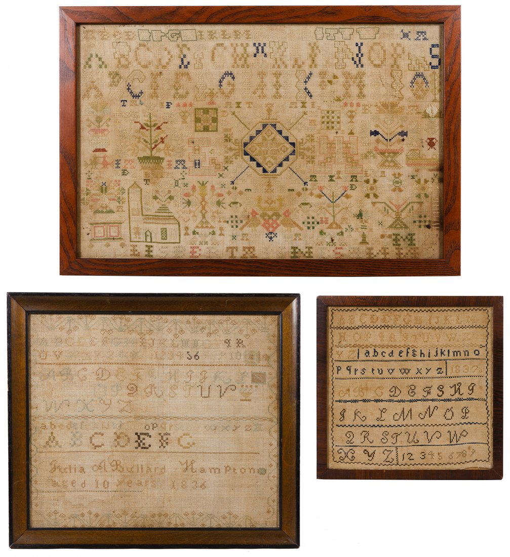 Early 19th Century Framed Samplers: Early 19th Century Framed Samplers Three items including an 1836 sampler by Bullard of Hampton, an 1837 sampler of numbers and letters; and a third sampler with fine petite point houses, trees and let
