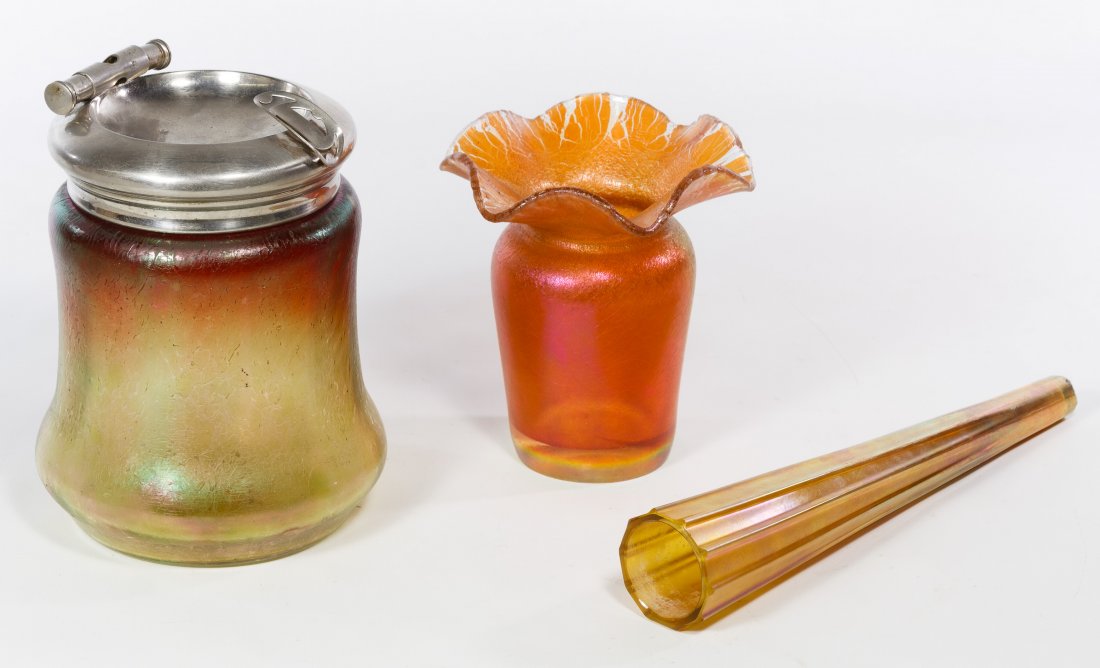 Louis Comfort Tiffany Style Epergne Flower Holder: Louis Comfort Tiffany Style Epergne Flower Holder Etched 'L.C.T.'; together with a iridescent ruffled edge Imperial Glass vase and a iridescent humidor with metal ashtray lid Length: 9.75 inches (long