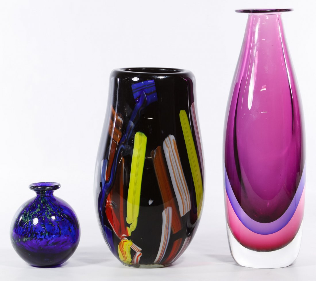 Murano Style Art Glass Vases: Murano Style Art Glass Vases Three vases, all unmarked; purple vase is possibly produced by Alfredo Barbini Height: 14.25 inches (tallest) Category: Glass > Art Glass Shipping Status: Leonard Auction,