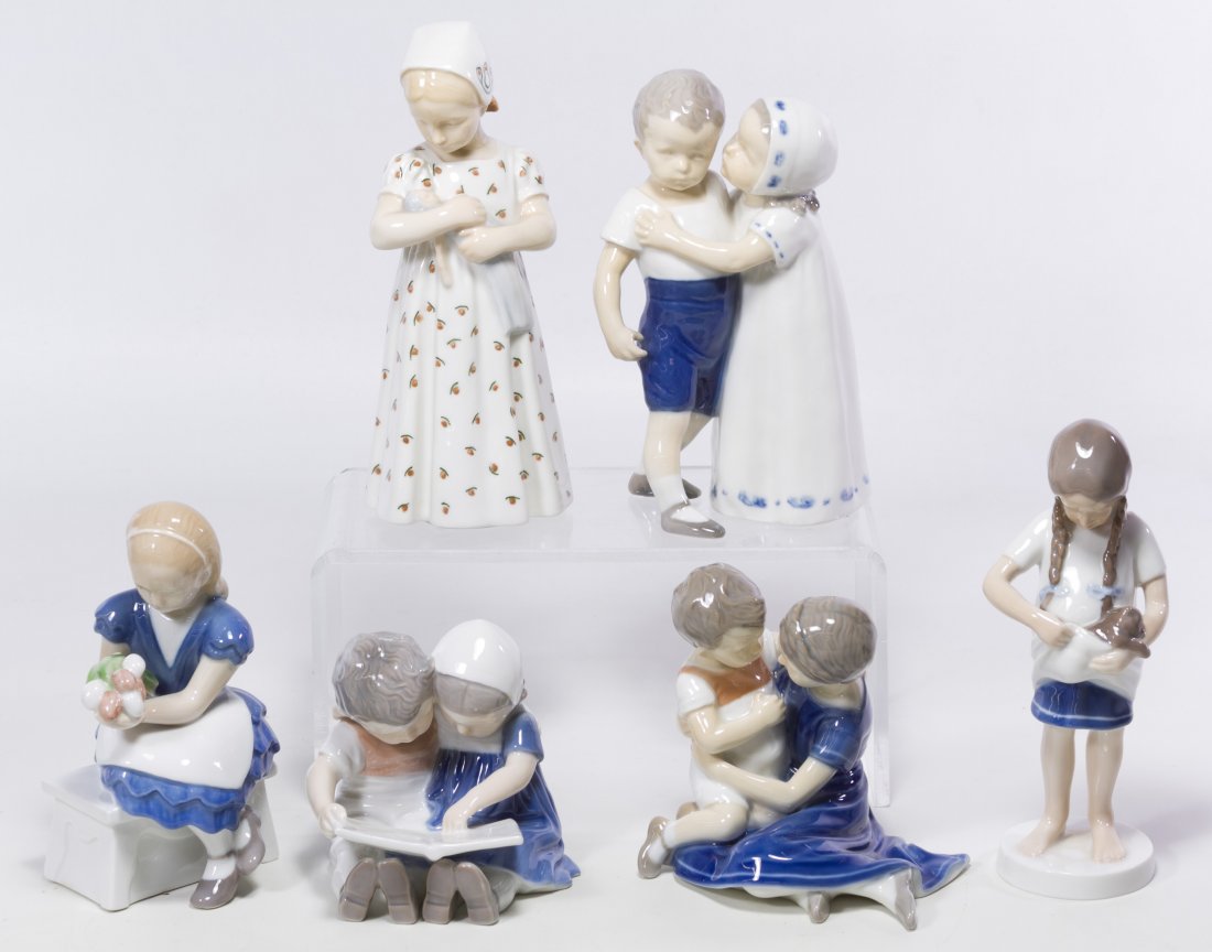 B&G Copenhagen Figurine Assortment: B&G Copenhagen Figurine Assortment Six figurines including 1567 'Reading Children', 1779 'Girl With Kitten', 2298 'Girl with Flowers', 1721 'Danish Girl with Baby Doll', 1614 'Love Refused' and 1568 '
