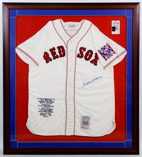 Ted Williams Autographed Framed Jersey: Ted Williams Autographed Framed Jersey Numbered 70/344, Mitchell & Ness hologram, having a 1839-1939 Centennial baseball patch; attached COAs from Green Diamond Sports, Inc and PCS; includes photo of 