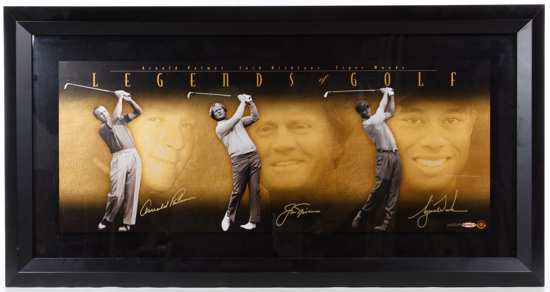 Autographed 'Legends of Golf' Photograph: Autographed 'Legends of Golf' Photograph 2000, signed by Jack Nicklaus, Arnold Palmer and Tiger Woods, numbered 194/250 lower right; with a COA #BAJ59519 from the Upper Deck en verso Height: 12.00 inc