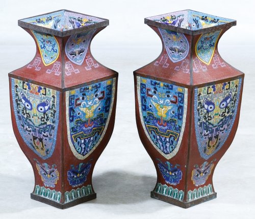Asian Cloisonne Vases: Asian Cloisonne Vases Pair of contemporary square shaped vases having stylized eyes Height: 20.50 inches (both) Category: Decorative Arts > Asian Shipping Status: Due to size, weight, value or shippin