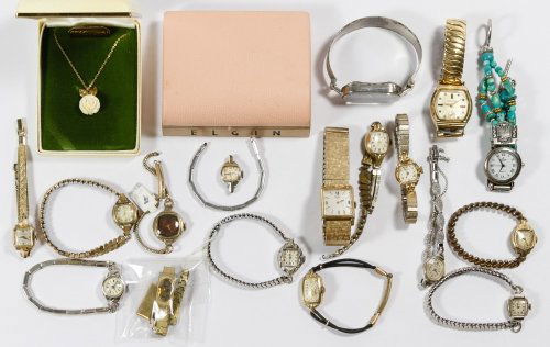 Sterling Silver, (.800) Silver and Gold Filled Wrist: Sterling Silver, (.800) Silver and Gold Filled Wrist Watch Assortment Seventeen watches including examples from Benrus, Monte Ancre, Timex and Bulova; together with a Krementz 14k gold overlay necklac