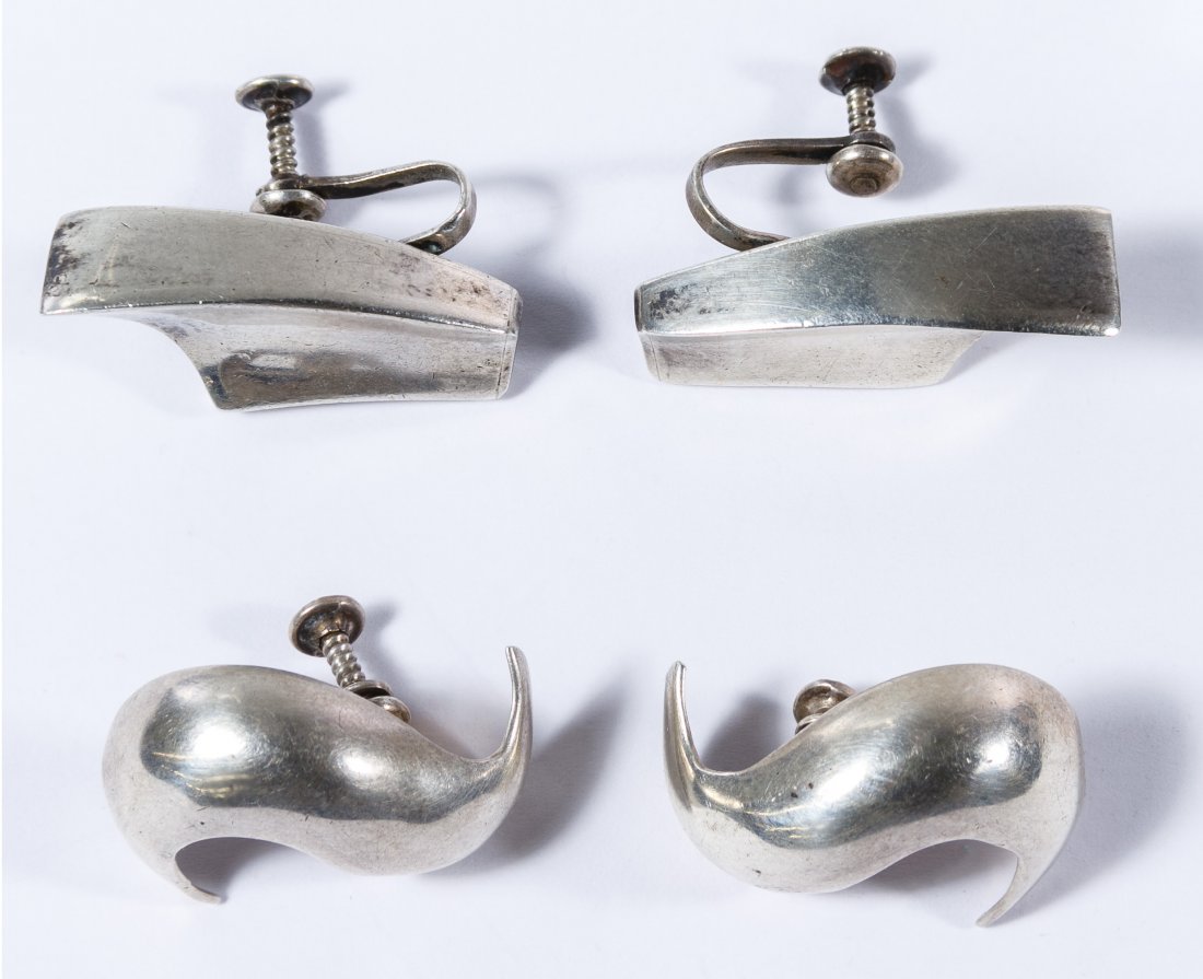 Antonio Pineda and Hector Aguilar Sterling Silver: Antonio Pineda and Hector Aguilar Sterling Silver Earrings Two pairs of screw-back earrings including one pair marked with a crown, Antonio (Pineda) and 970 Taxco, the other pair marked Taller Borda (