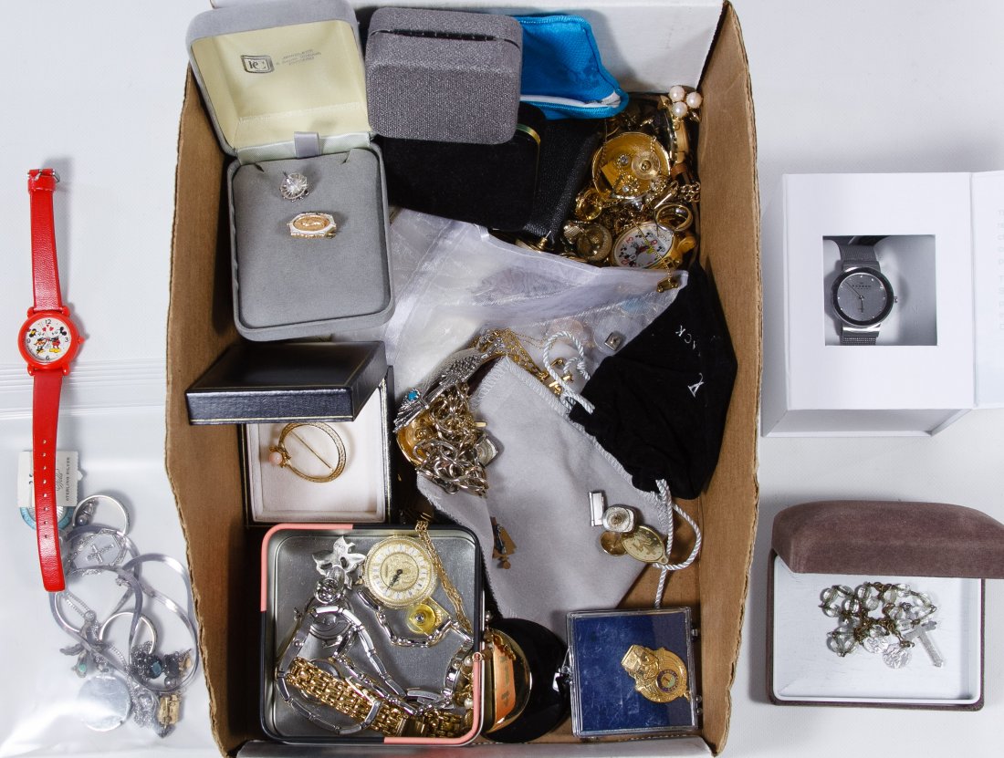 Sterling Silver and Costume Jewelry Assortment: Sterling Silver and Costume Jewelry Assortment Including necklaces, pins, pendants, earrings and watches; together with a Skagen stainless steel wrist watch Weight: 32.15 dwts. (sterling silver) Categ