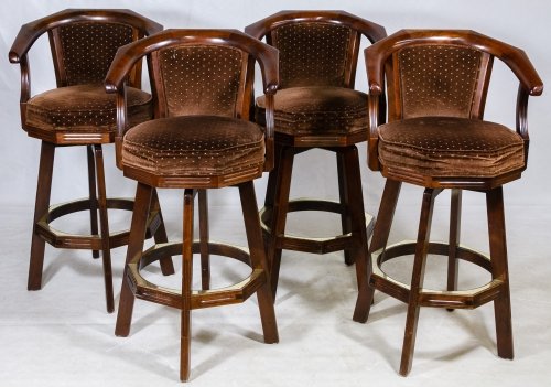 Walnut Bar Stools: Walnut Bar Stools Four matching bar stools with brass foot rails and brown velvet upholstery Height: 40.00 inches, Width: 20.75 inches, Depth: 19.00 inches (all) Category: Furniture > Contemporary Shi