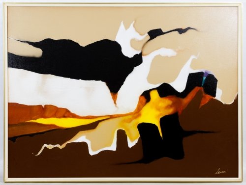 Ruth Lawson (American, 20th Century) 'Composition in: Ruth Lawson (American, 20th Century) 'Composition in Brown' Oil on Canvas Undated, signed lower right, depicting abstract shapes in earth tones Height: 35.50 inches, Width: 47.50 inches (sight) Catego