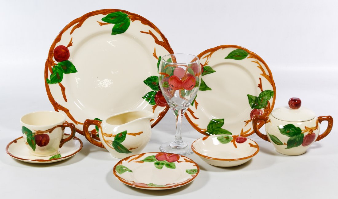 Franciscan 'Apple' China Service: Franciscan 'Apple' China Service Sixty-eight piece service for eight including dinner plates, salad plates, bread plates, cups, saucers, fruit bowls, glass goblets and (7) cereal bowls, a creamer, sug