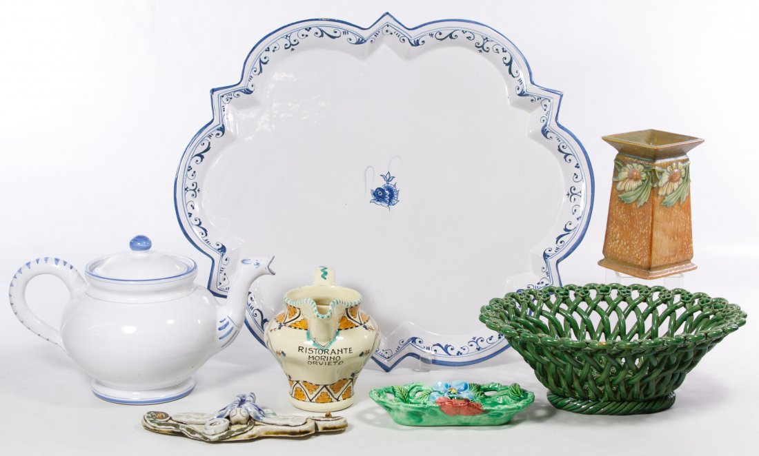Ceramic Assortment: Ceramic Assortment Including a blue and white tray with matching teapot, an Italian pitcher, a green woven style basket dish, a Japanese floral salt and pepper holder tray, a dragonfly wall plaque and
