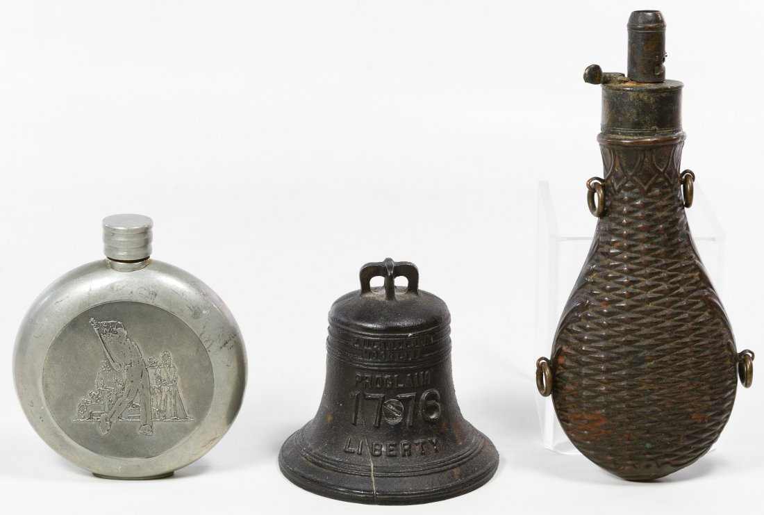 Pressed Metal Powder Flask: Pressed Metal Powder Flask Having a basket weave style exterior, hanging rings and no mark; together with an Irish Mullingar pewter flask with a golf motif and a cast iron Liberty bell still bank Leng