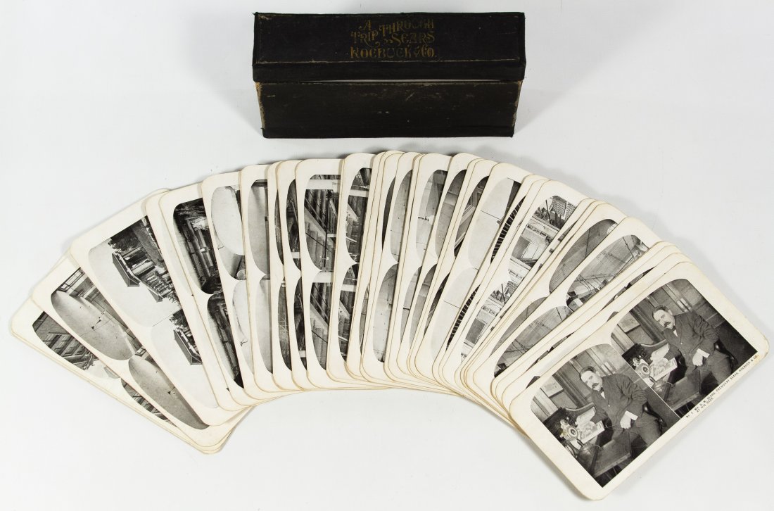 Stereoview Card Set of 'A Trip Through Sears, Roebuck &: Stereoview Card Set of 'A Trip Through Sears, Roebuck & Co.' c.1905 set of fifty stereo card views of the company, its workers, buildings and assembly lines; housed in the original box Height: 7.00 in