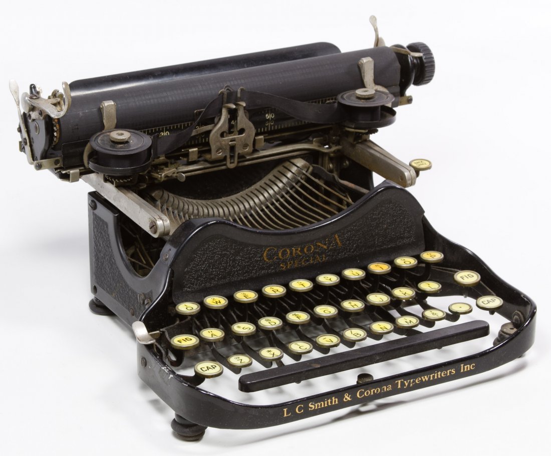 L C Smith & Corona 'Special' Manual Typewriter: L C Smith & Corona 'Special' Manual Typewriter Having a folding, portable typewriter with burlap carrying case and typewriting ribbon Height: 5.50 inches, Width: 12.00 inches, Depth: 10.00 inches Cate