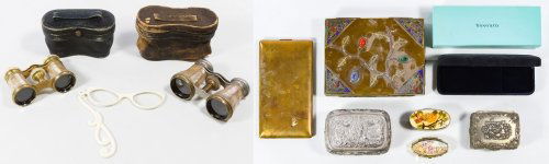 Opera Glasses Assortment: Opera Glasses Assortment Three sets including a brass and mother of pearl set by LeMarie in original leather case, a Lamier pair in case and a pair of hand-held folding glasses; together with a trinke