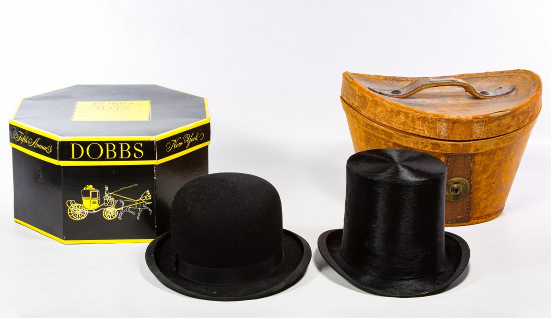 Samuel Mortlock & Son Top Hat with Leather Case: Samuel Mortlock & Son Top Hat with Leather Case Together with a British top hat in a Dobbs Fifth Ave box Height: 9.50 inches, Width: 13.50 inches (leather case) Category: Clothing & Accessories > Othe