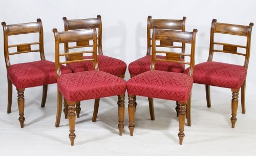 Federal Style Walnut Side Chairs: Federal Style Walnut Side Chairs c.1820; set of six identical chairs with scrolled backs and red tone on tone upholstery; provenance: James Wilhoit Antiques, Boston Height: 34.00 inches, Width: 20.50 
