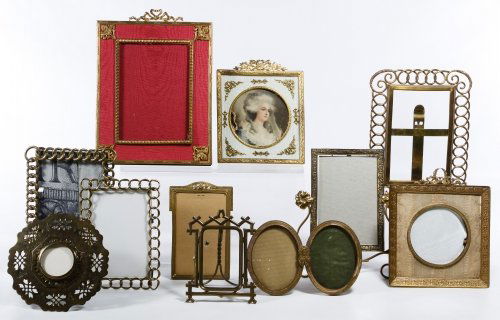 Brass Picture Frame Assortment: Brass Picture Frame Assortment Eleven various sized Art Nouveau style picture frames Height: 10.25 inches (tallest) Category: Decorative Arts > Objects Shipping Status: Leonard Auction, Inc. will dire