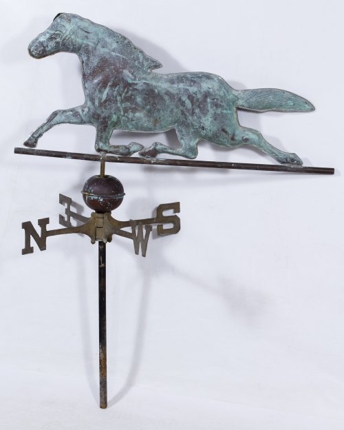 Copper 'Trotting Horse' Weathervane: Copper 'Trotting Horse' Weathervane Having an unmarked trotting horse topper that threads onto the directional pole Height: 39.50 inches, Width: 31.00 inches Category: Decorative Arts > Objects Shippi