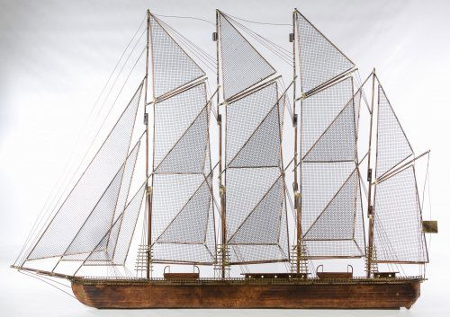 Curtis Jere (American, d.2008) 'Sailing Ship' Sculpture: Curtis Jere (American, d.2008) 'Sailing Ship' Sculpture Undated, signed on hull, depicting a four masted ship Height: 29.50 inches, Width: 42.00 inches Category: Decorative Arts > Objects Tax Status: