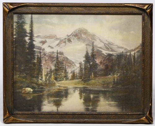 Adelaide Hiebel (American, 1879-1965) 'Mount Rainier': Adelaide Hiebel (American, 1879-1965) 'Mount Rainier' Hand Tinted Print Undated, signed lower left, depicting Mount Rainier; Arts and Crafts batwing frame; attached Eastman Kodak sticker on paper back