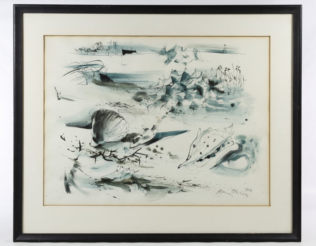 Rainey Bennett (American, 1907-1998) Watercolor on: Rainey Bennett (American, 1907-1998) Watercolor on Paper Three framed items, c.1956, signed lower right, depicting shells, an off-shore oil rig and sailboats Height: 15.00 inches, Width: 20.00 inches 