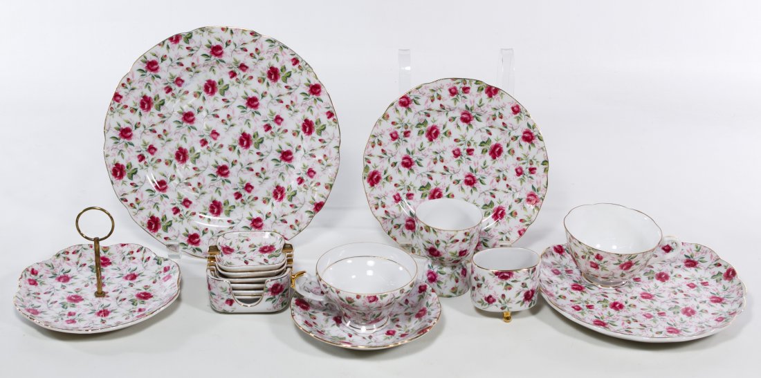 Lefton 'Rose Chintz' China Service: Lefton 'Rose Chintz' China Service Eighty-six pieces including (8) dinner plates, (8) salad plates, (8) cups, (8) saucers, (11) double egg cups, (11) snack cups, (12) snack plates, (3) compotes, (5) h