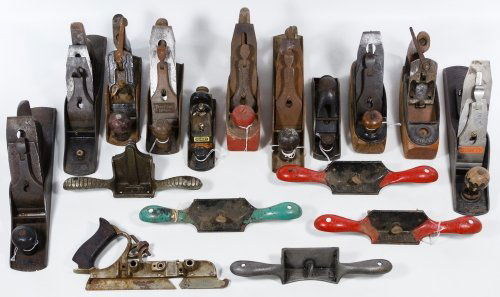 Wood Plane and Spoke Shave Assortment: Wood Plane and Spoke Shave Assortment Twelve planes including three Bailey No. 5s and five Stanley spoke shaves including a No. 81 Height: 5.25 inches, Width: 2.50 inches, Depth: 13.50 inches Category