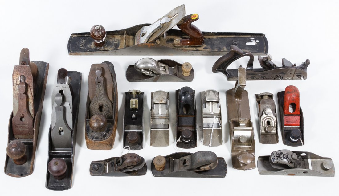 Wood Plane Assortment: Wood Plane Assortment Sixteen planes including Anant #A7, Sargent and Stanley Height: 5.75 inches, Length: 21.50 inches, Width: 2.75 inches (Anant) Category: Primitives > Tools Tax Status: Subject to 
