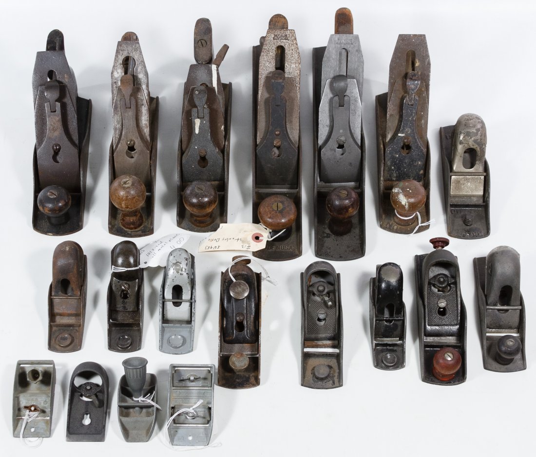 Wood Plane Assortment: Wood Plane Assortment Eighteen planes including Stanley, Rockford, Wil-Kro and Western Select Height: 5.50 inches, Width: 2.50 inches, Depth: 14.00 inches (largest) Category: Primitives > Tools Tax St